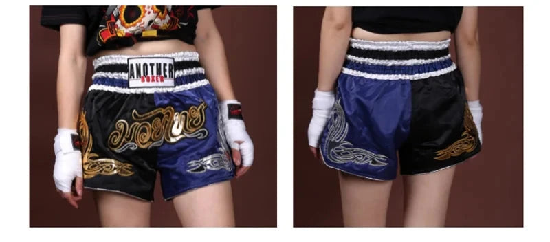 Muay Thai Pants Embroidery Boxing Shorts Women Men Satin Fight Kickboxing Training Trunks Kids Boy Girl Martial Arts MMA Clothes exovai.com