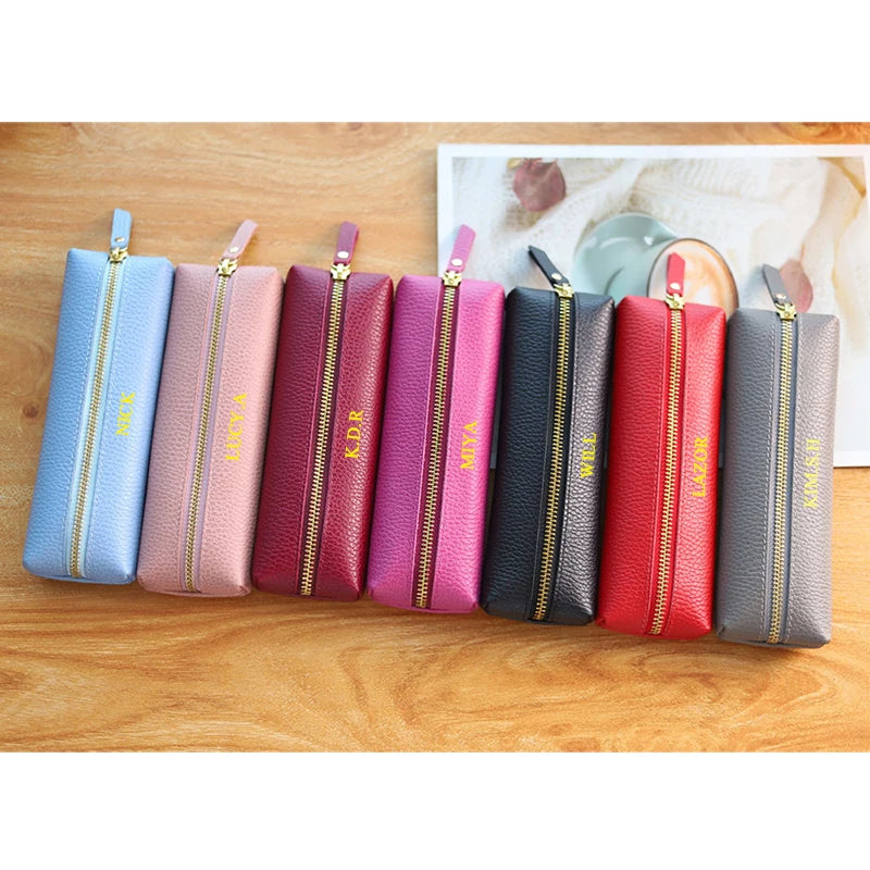 Custom Name Cow Leather Pencil Case Luxury Zipper Business Office Storage Bag Student Pen Bag Personalized Cosmetic Bags Gift exovai.com