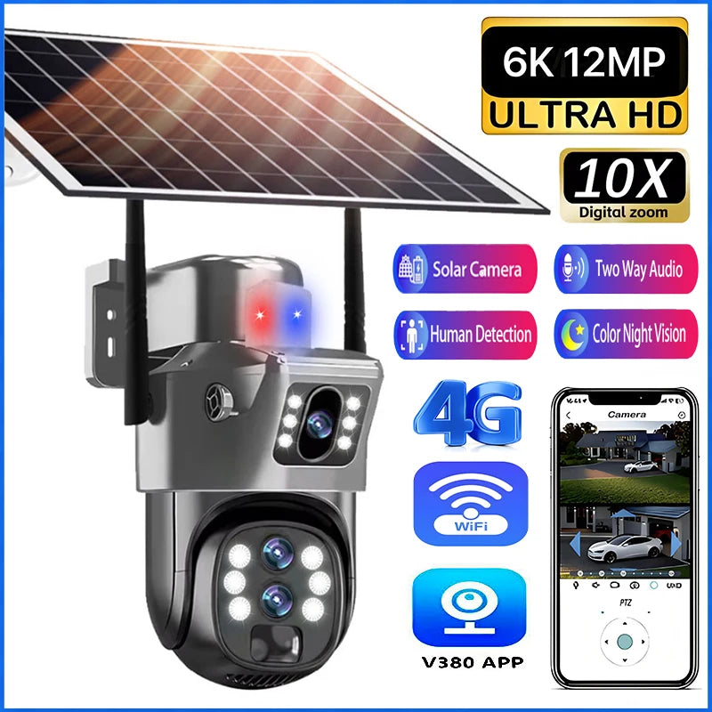 10X Optical Zoom 4G SIM Solar Camera 6K 12MP Three Lens WiFi Outdoor Surveillance Camera PIR Auto Tracking Solar Security CCTV exovai.com