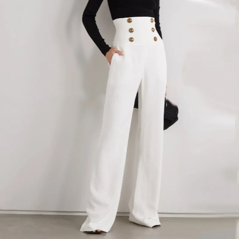 HarleyFashion Women New Arrival Summer Luxury Quality High Waist Buttons Wide-leg Maix Long Casual Loose Pants exovai.com