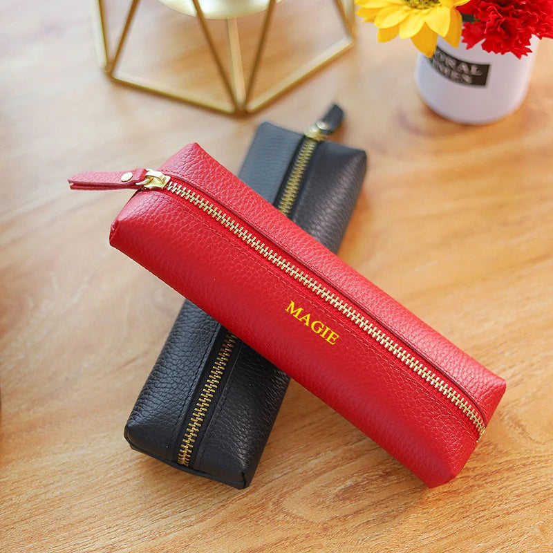 Custom Name Cow Leather Pencil Case Luxury Zipper Business Office Storage Bag Student Pen Bag Personalized Cosmetic Bags Gift exovai.com