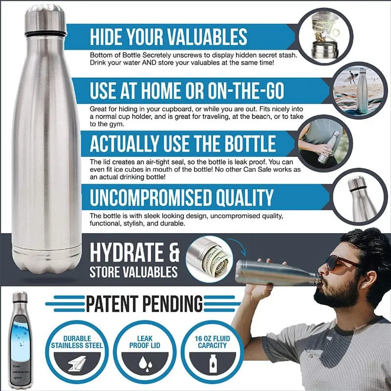 HEE RAK 750ml Secret Hidden Steel Water Bottle Compartment Stash Spot Can Hidding Storage for Cards Keys Cash Safe Money Box exovai.com