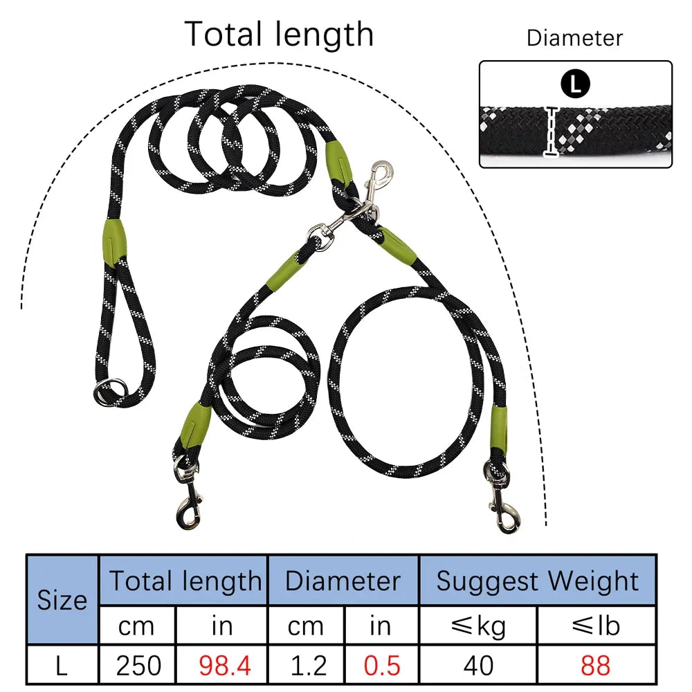 1 PC Hands Free Dog Leash for 2 Dogs Reflective Running Dual Dog Leash 360° Swivel Leash for Pet Outdoor Walking Jogging Hiking exovai.com