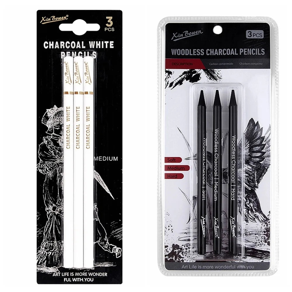 3Pcs Soft/Medium/Hard Charcoal Pencils Set Art Supplies White/Black Charcoal Pen Sketch Pencil Drawing Pencil Professional exovai.com