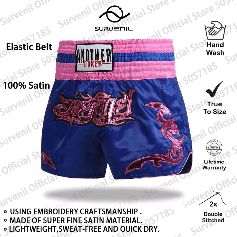 Muay Thai Pants Embroidery Boxing Shorts Women Men Satin Fight Kickboxing Training Trunks Kids Boy Girl Martial Arts MMA Clothes exovai.com
