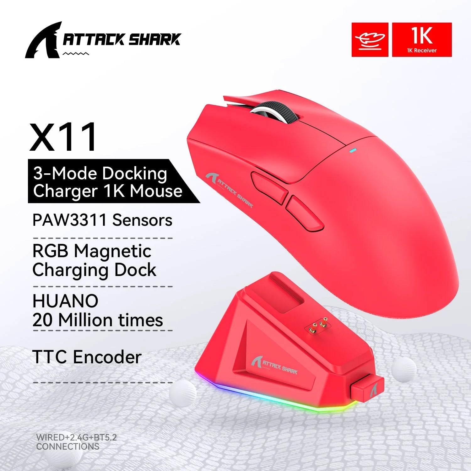 Attack Shark X11 Wireless Macro Gaming Mouse,Bluetooth Tri-Mode Connection, PixArt PAW3311, Touch Magnetic Charging Base exovai.com
