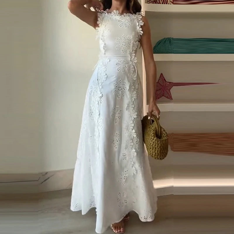 Summer Lace Jacquard Women's Banquet Dress Elegant O Neck Sleeveless Lace Up Beach Dress Fashion Hollow Out Slim Fit Long Dress exovai.com