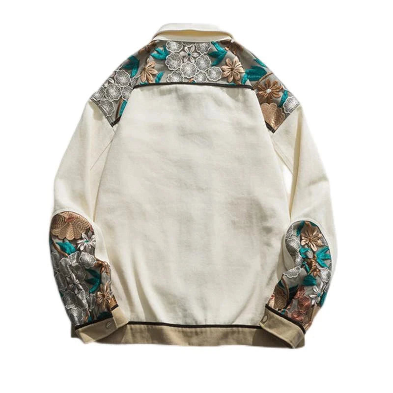 Vintage Floral Embroidery Patchwork Men Apricot Jacket Casual Turn Down Collar 2025 Spring Hip Hop Mens Loose Coat exovai.com