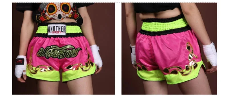 Muay Thai Pants Embroidery Boxing Shorts Women Men Satin Fight Kickboxing Training Trunks Kids Boy Girl Martial Arts MMA Clothes exovai.com