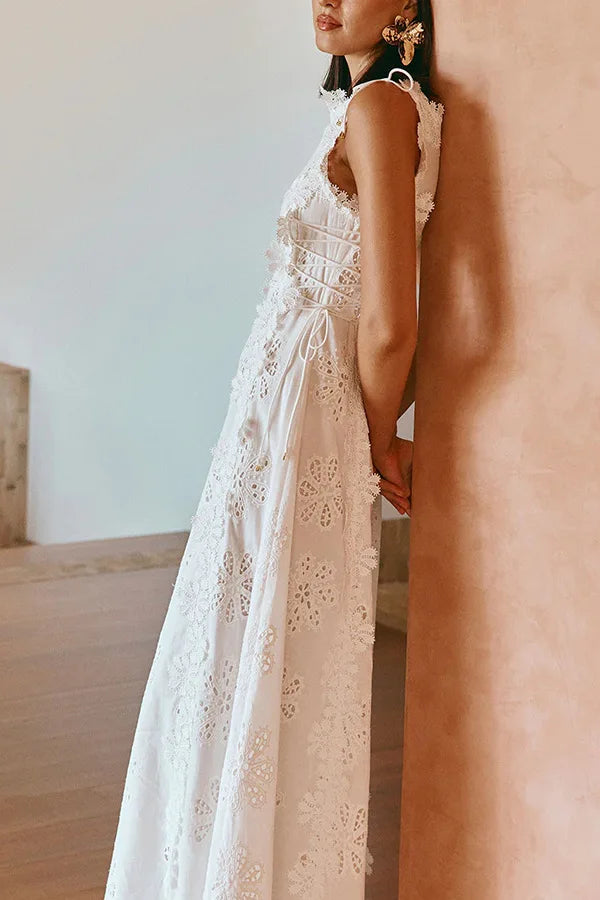 2025 Summer New Fashion Lace Embroidery Women Strap Resort Slimming Long Dress Simple Solid Color Female Banquet Dresses exovai.com