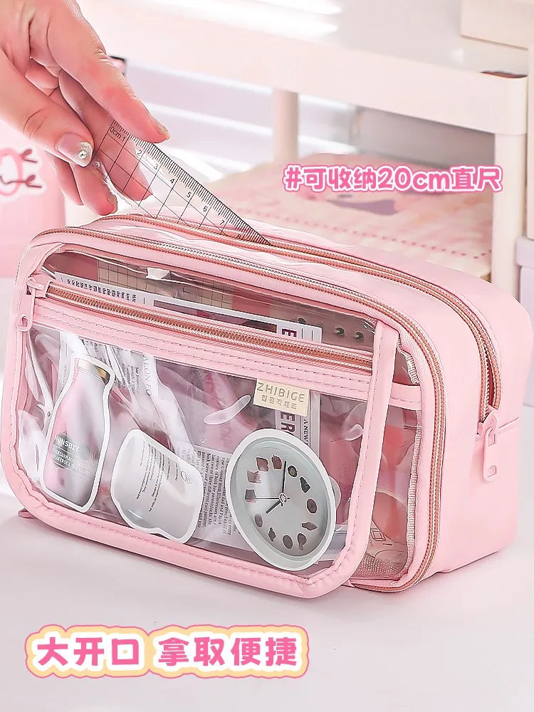 New Pencil Bag Kawaii Student Translucent Stationery Box DIY Large Capacity Stationery Storage Bag School Stationery Supplies exovai.com