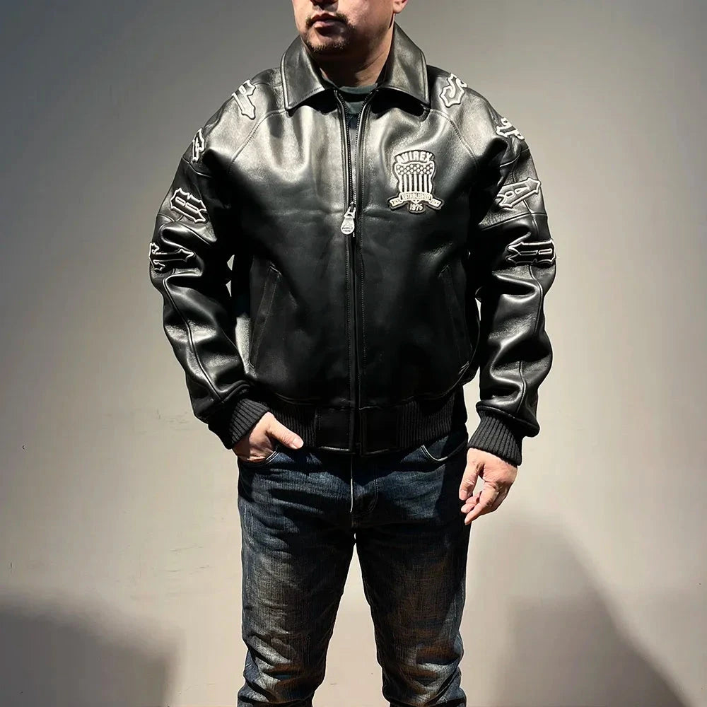 AVIREX Genuine French Lamb Leather Jacket Men's US Size Flight Suit Sports Casual Coat Tops exovai.com