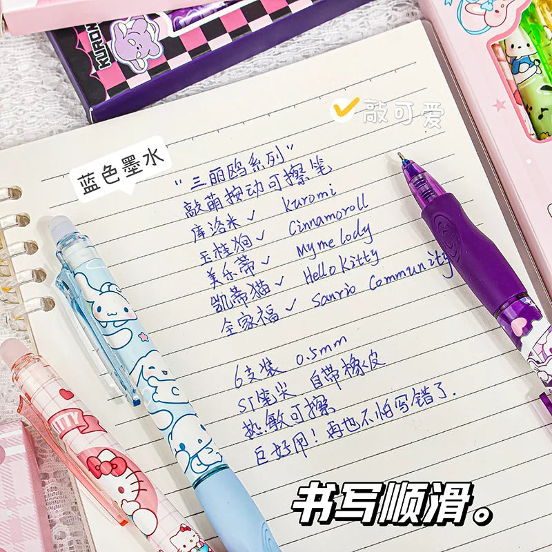 6pcs Kawaii Children Gel Pen Hello Kitty Cartoon Kuromi ST Erasable Black 0.5mm Press The Ballpoint Pen Learning Stationery Gift exovai.com