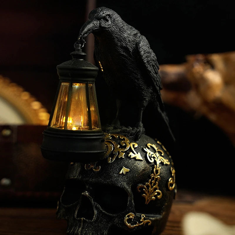 Halloween Crow Skull Night Light Table Lamp Halloween Decorative Skull Lamp Gothic Decorative Night Light Resin Craftsmanship exovai.com