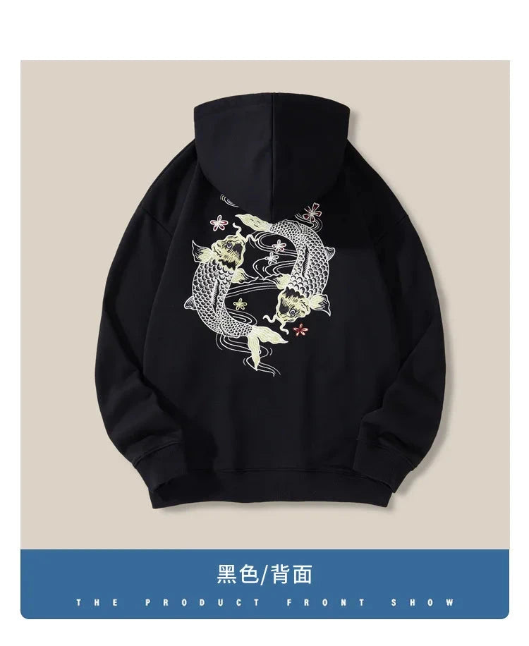 Autumn Winter Hoodies for Men Brocade Carp Embroidery Knit Sweatshirt with Hat Oversize Pullovers Cotton Male Clothing exovai.com