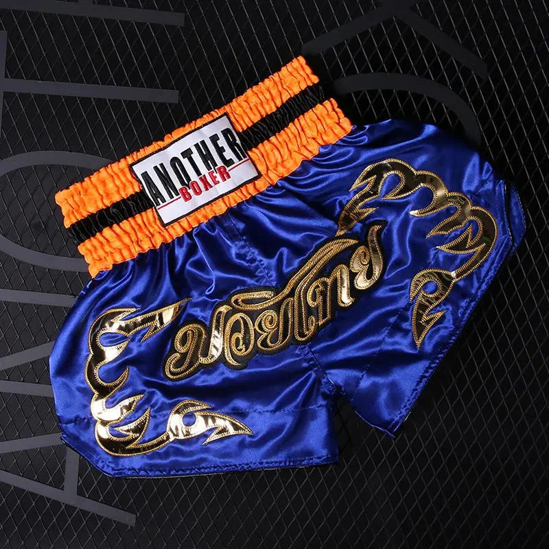 Muay Thai Pants Embroidery Boxing Shorts Women Men Satin Fight Kickboxing Training Trunks Kids Boy Girl Martial Arts MMA Clothes exovai.com