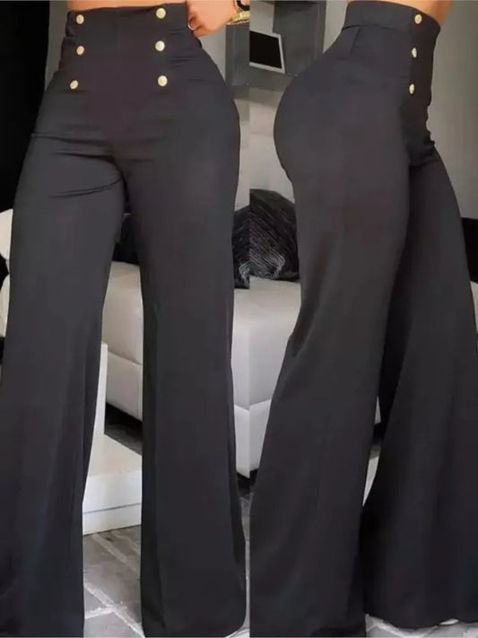 Elegant Casual  High Waist Wide Leg Pants Fashion Loose Button Long Pant Office Solid Spring Autumn Womens Clothing New Pant exovai.com