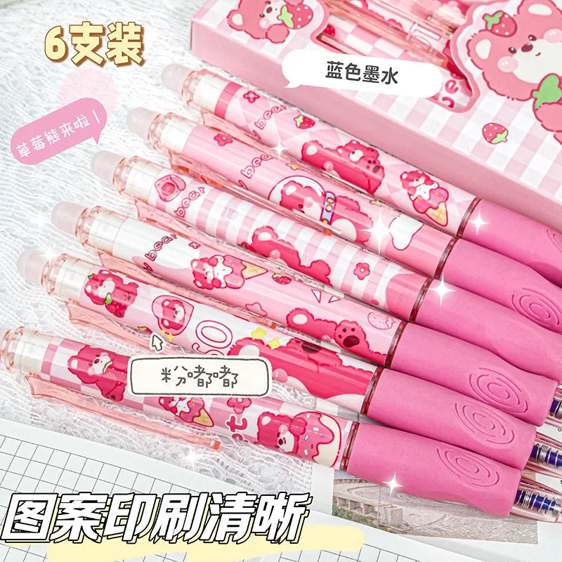 6pcs Kawaii Children Gel Pen Hello Kitty Cartoon Kuromi ST Erasable Black 0.5mm Press The Ballpoint Pen Learning Stationery Gift exovai.com