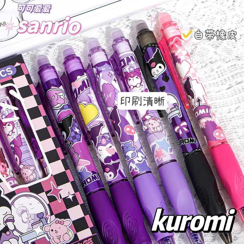 6pcs Kawaii Children Gel Pen Hello Kitty Cartoon Kuromi ST Erasable Black 0.5mm Press The Ballpoint Pen Learning Stationery Gift exovai.com