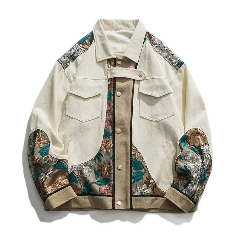 Vintage Floral Embroidery Patchwork Men Apricot Jacket Casual Turn Down Collar 2025 Spring Hip Hop Mens Loose Coat exovai.com