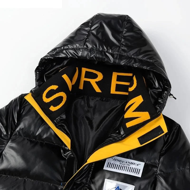 New Bright Leather Men Thicken Warm Winter Jacket Casual Parka Outwear Autumn Waterproof Stand Collar Hooded Coat Clothing exovai.com