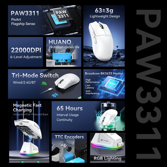 Attack Shark X11 Wireless Macro Gaming Mouse,Bluetooth Tri-Mode Connection, PixArt PAW3311, Touch Magnetic Charging Base exovai.com