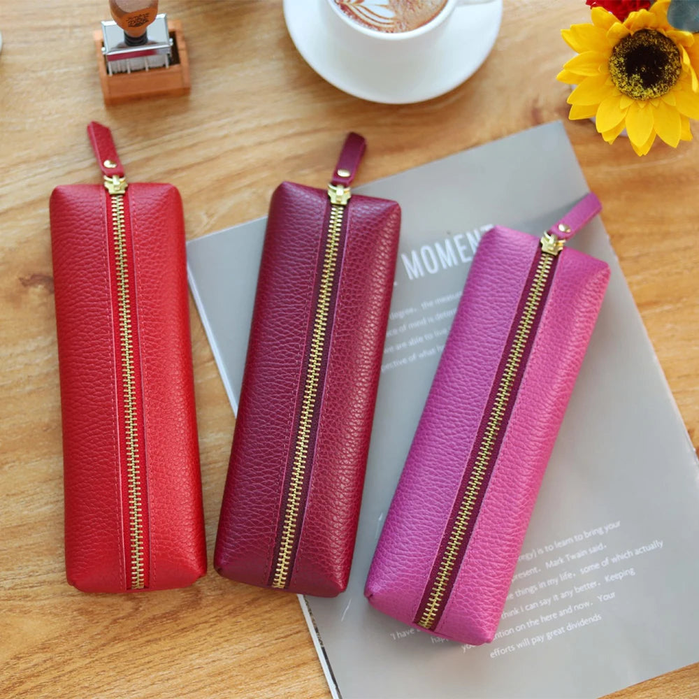 Custom Name Cow Leather Pencil Case Luxury Zipper Business Office Storage Bag Student Pen Bag Personalized Cosmetic Bags Gift exovai.com