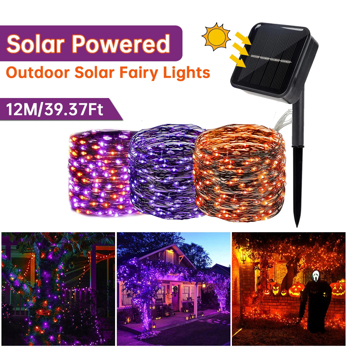 2 Pack 120LED Halloween Solar Powered Black Copper Wire Lamp Lights With 8 Lighting Modes Outdoor Waterproof Horror Atmosphere exovai.com