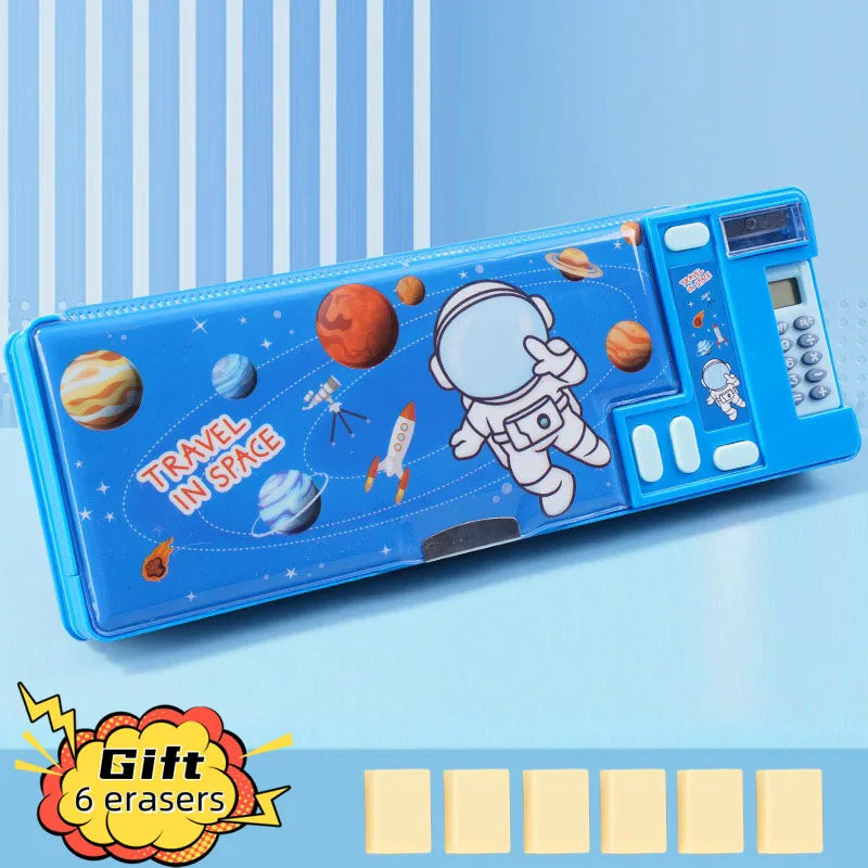 Cartoon Calculator Multifunctional Pencil Case Elementary Students Large Capacity Stationery Box Double-layer Double Opening exovai.com