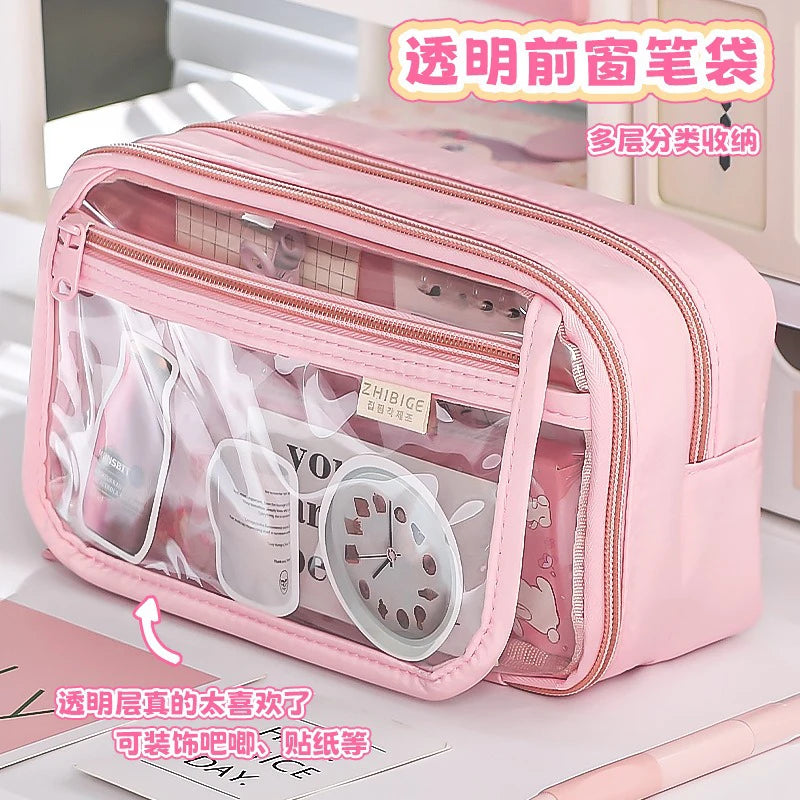 New Pencil Bag Kawaii Student Translucent Stationery Box DIY Large Capacity Stationery Storage Bag School Stationery Supplies exovai.com
