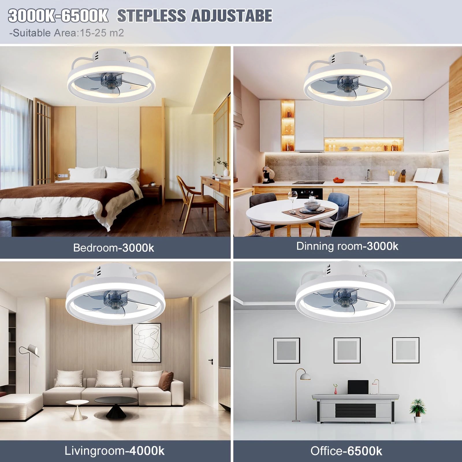 Ceiling fan with adjustable LED reversible blade timing and remote control, 5 invisible blades semi embedded installation exovai.com