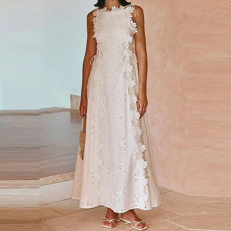 Summer Lace Jacquard Women's Banquet Dress Elegant O Neck Sleeveless Lace Up Beach Dress Fashion Hollow Out Slim Fit Long Dress exovai.com