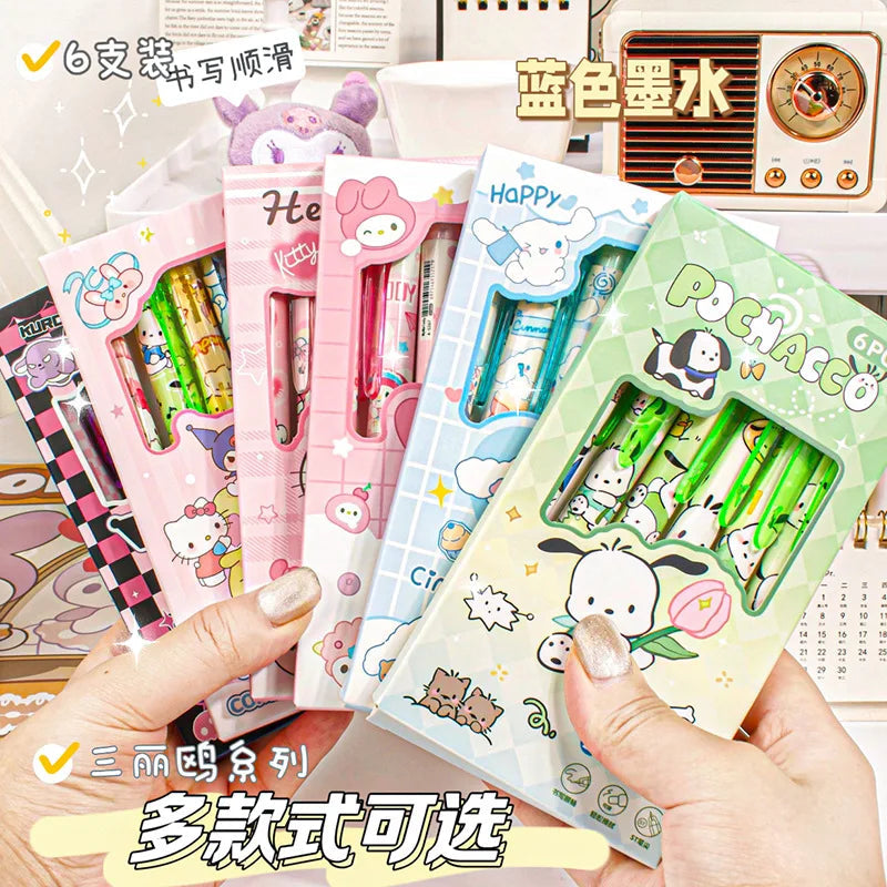 6pcs Kawaii Children Gel Pen Hello Kitty Cartoon Kuromi ST Erasable Black 0.5mm Press The Ballpoint Pen Learning Stationery Gift exovai.com
