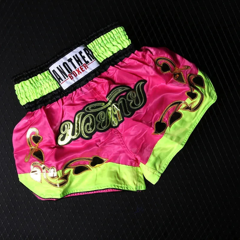 Muay Thai Pants Embroidery Boxing Shorts Women Men Satin Fight Kickboxing Training Trunks Kids Boy Girl Martial Arts MMA Clothes exovai.com