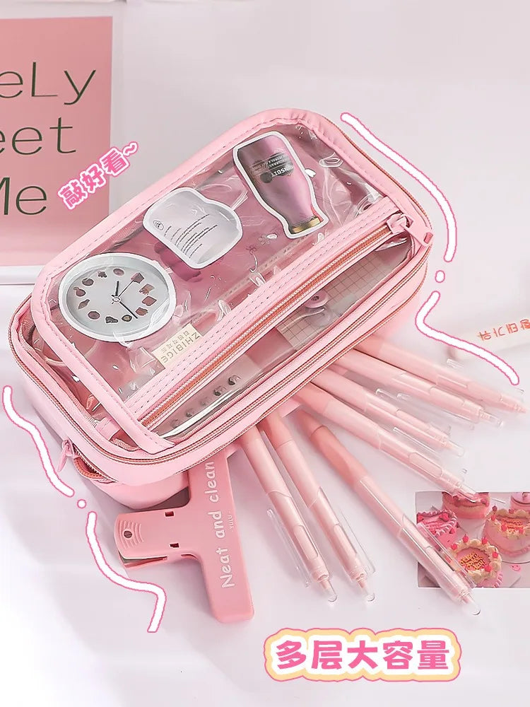 New Pencil Bag Kawaii Student Translucent Stationery Box DIY Large Capacity Stationery Storage Bag School Stationery Supplies exovai.com