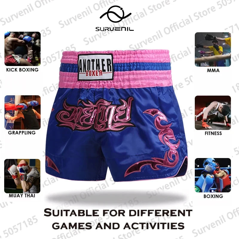 Muay Thai Pants Embroidery Boxing Shorts Women Men Satin Fight Kickboxing Training Trunks Kids Boy Girl Martial Arts MMA Clothes exovai.com