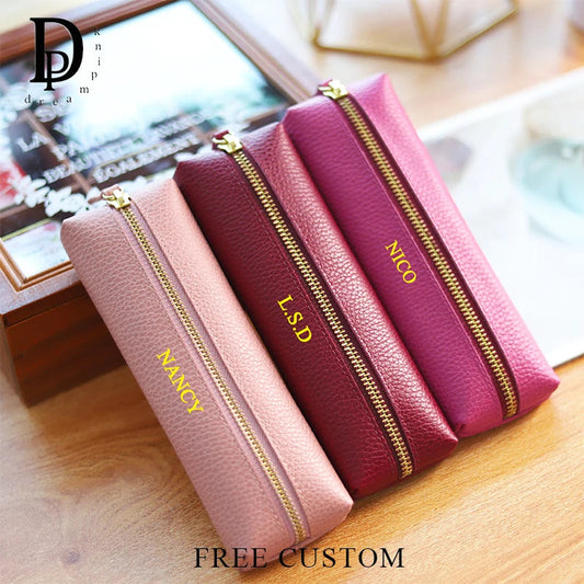 Custom Name Cow Leather Pencil Case Luxury Zipper Business Office Storage Bag Student Pen Bag Personalized Cosmetic Bags Gift exovai.com