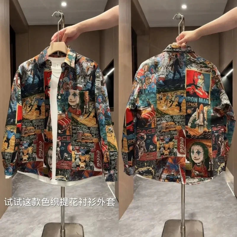 Men's Spring Autumn Fashion Casual Shirt New Style Painted Halo Ethnic Print High-end Loose Versatile Casual Jacket exovai.com