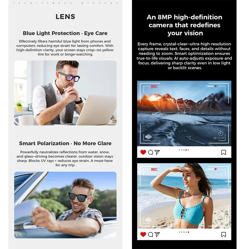New Smart Glasses AI Voice Assistant Earphones Video/Audio Recording Translation Bluetooth Call Fashion Glasses For Women Men exovai.com