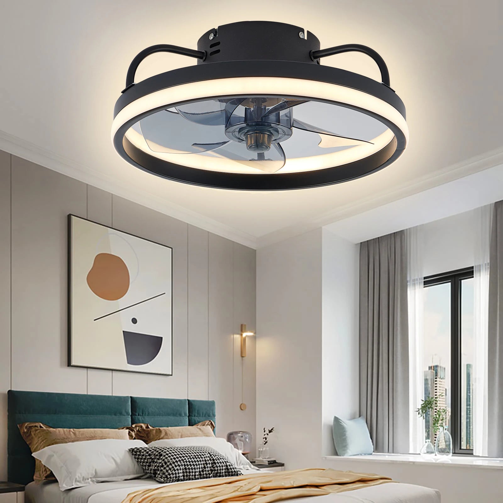 Ceiling fan with adjustable LED reversible blade timing and remote control, 5 invisible blades semi embedded installation exovai.com