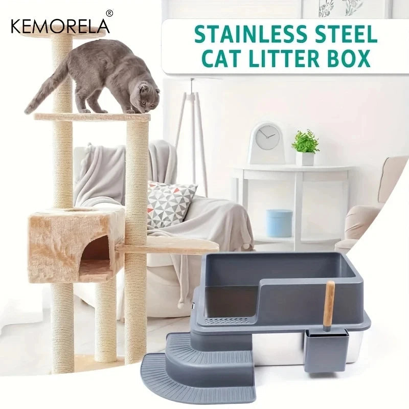 Extra Large 20L Stainless Steel Cat Litter Box With Stair Foot Pad Splash-Proof Easy To Clean Odorless Toilet Cat Litter Box exovai.com
