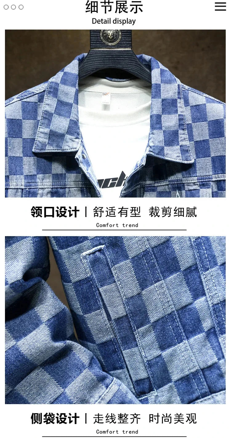 Men's Denim Jacket Blue Button Plaid Male Jean Coats Cheap Price Stylish One Piece Vintage Trendy Casual Original Korea Lxury exovai.com