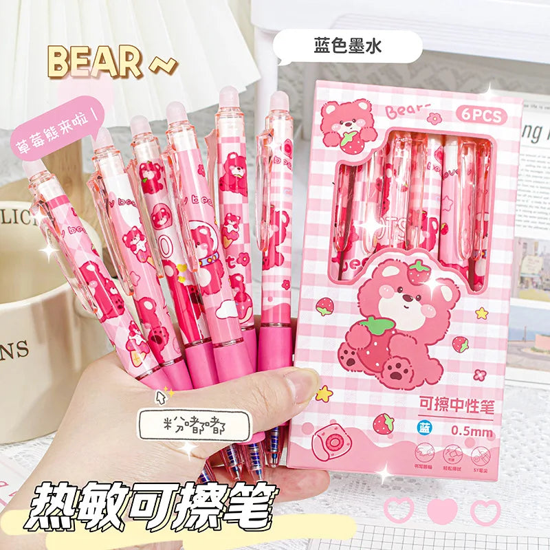 6pcs Kawaii Children Gel Pen Hello Kitty Cartoon Kuromi ST Erasable Black 0.5mm Press The Ballpoint Pen Learning Stationery Gift exovai.com