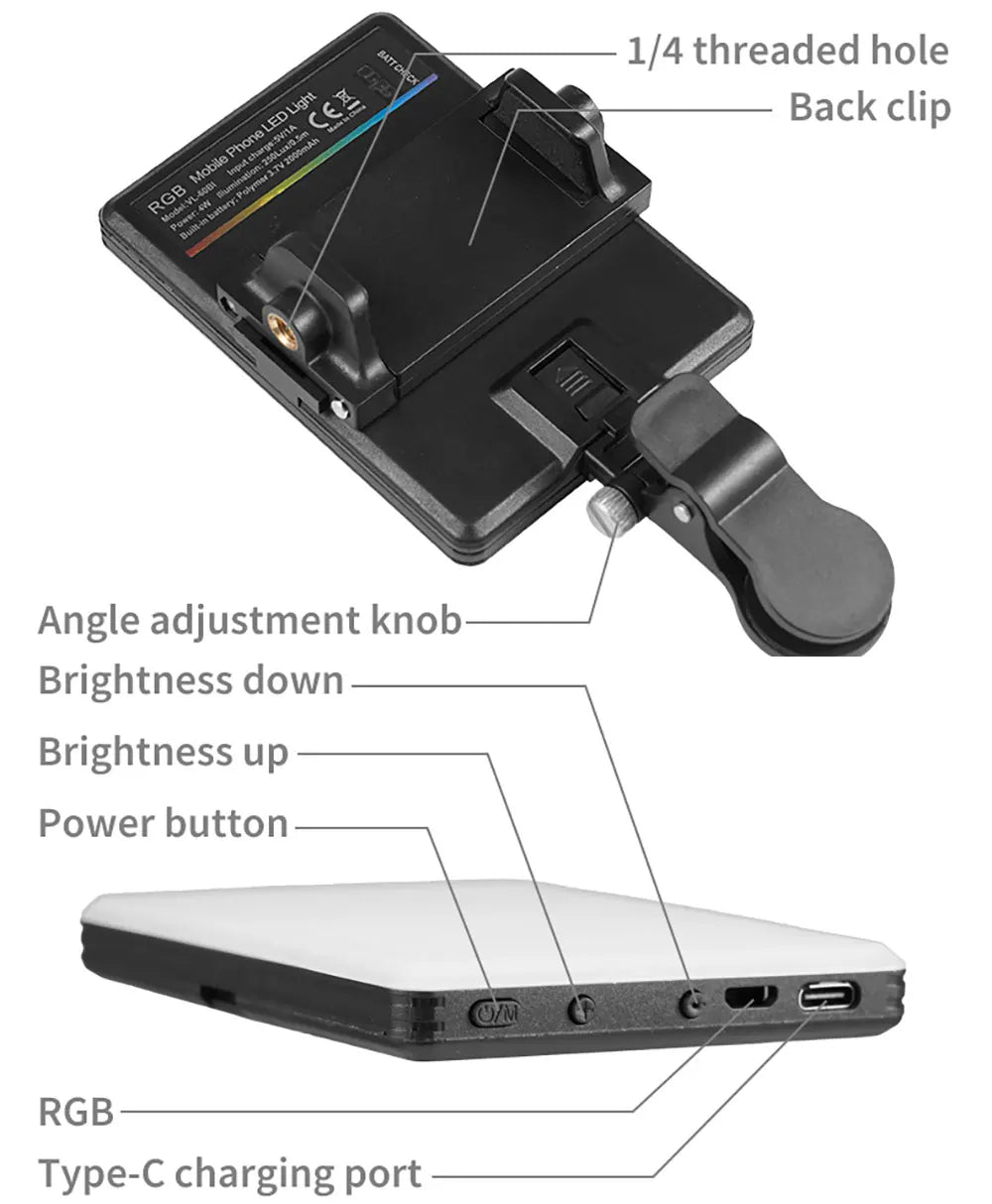 Mini Fill Light RGB LED Straight Pocket Video Photography Lighting Pocket Live Vlog Clip for Phone iPhone iPad Laptop Camera exovai.com