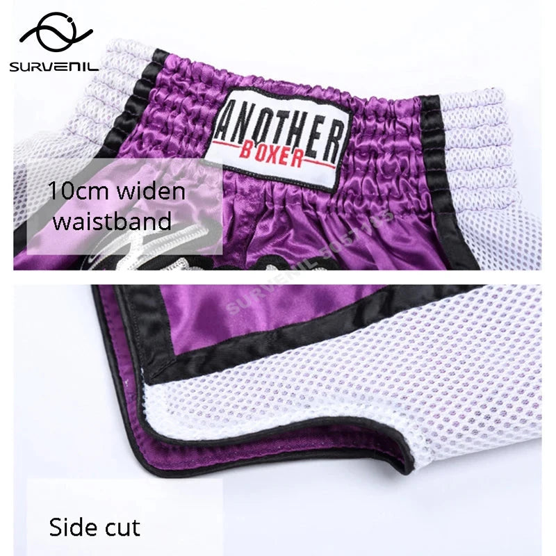 Muay Thai Pants Embroidery Boxing Shorts Women Men Satin Fight Kickboxing Training Trunks Kids Boy Girl Martial Arts MMA Clothes exovai.com