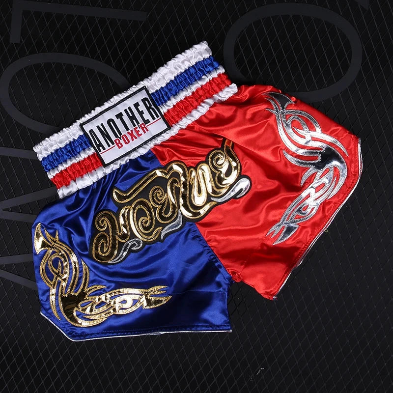 Muay Thai Pants Embroidery Boxing Shorts Women Men Satin Fight Kickboxing Training Trunks Kids Boy Girl Martial Arts MMA Clothes exovai.com