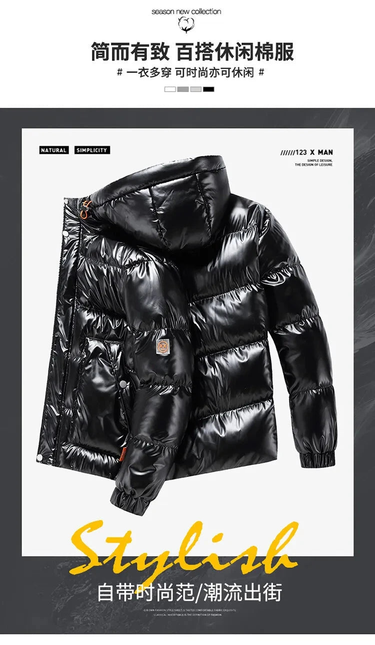 Men Parkas Thicken Warm Coat Men's Solid Color Parkas Coat Men's Fashion New Streetwear Winter Jacket Mens Glossy Black Jackets exovai.com