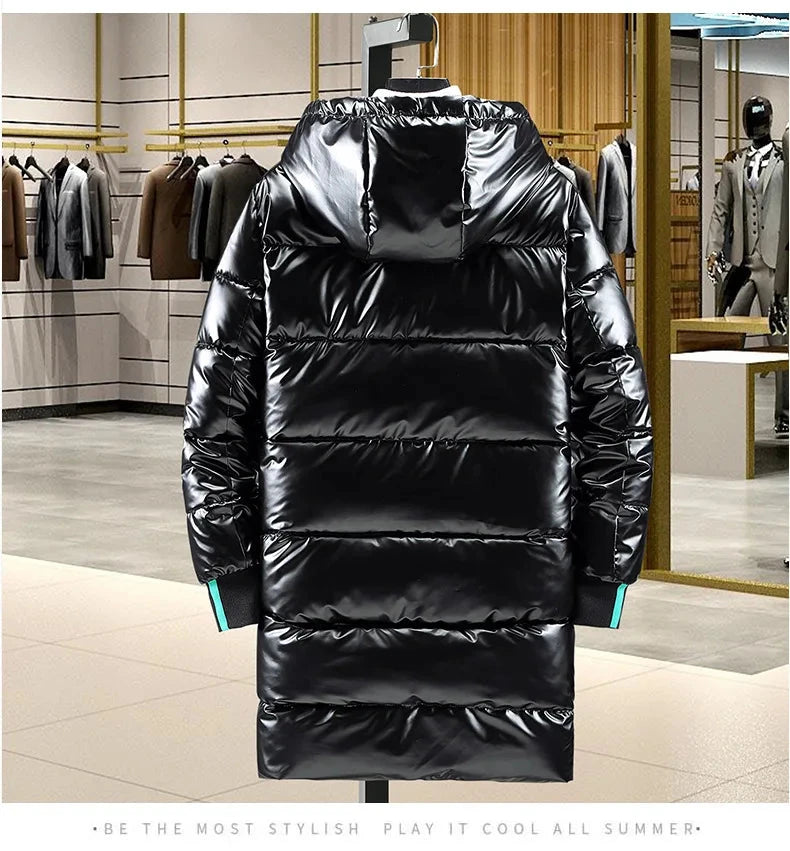 Winter 2024 Warm Light Long Parkas Waterproof Jacket Men Large Size Thicken Smooth Shiny Hooded Cotton-padded Coats Men exovai.com