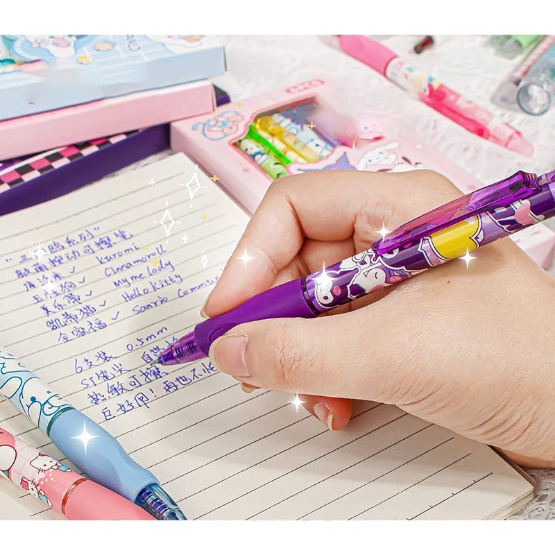 6pcs Kawaii Children Gel Pen Hello Kitty Cartoon Kuromi ST Erasable Black 0.5mm Press The Ballpoint Pen Learning Stationery Gift exovai.com
