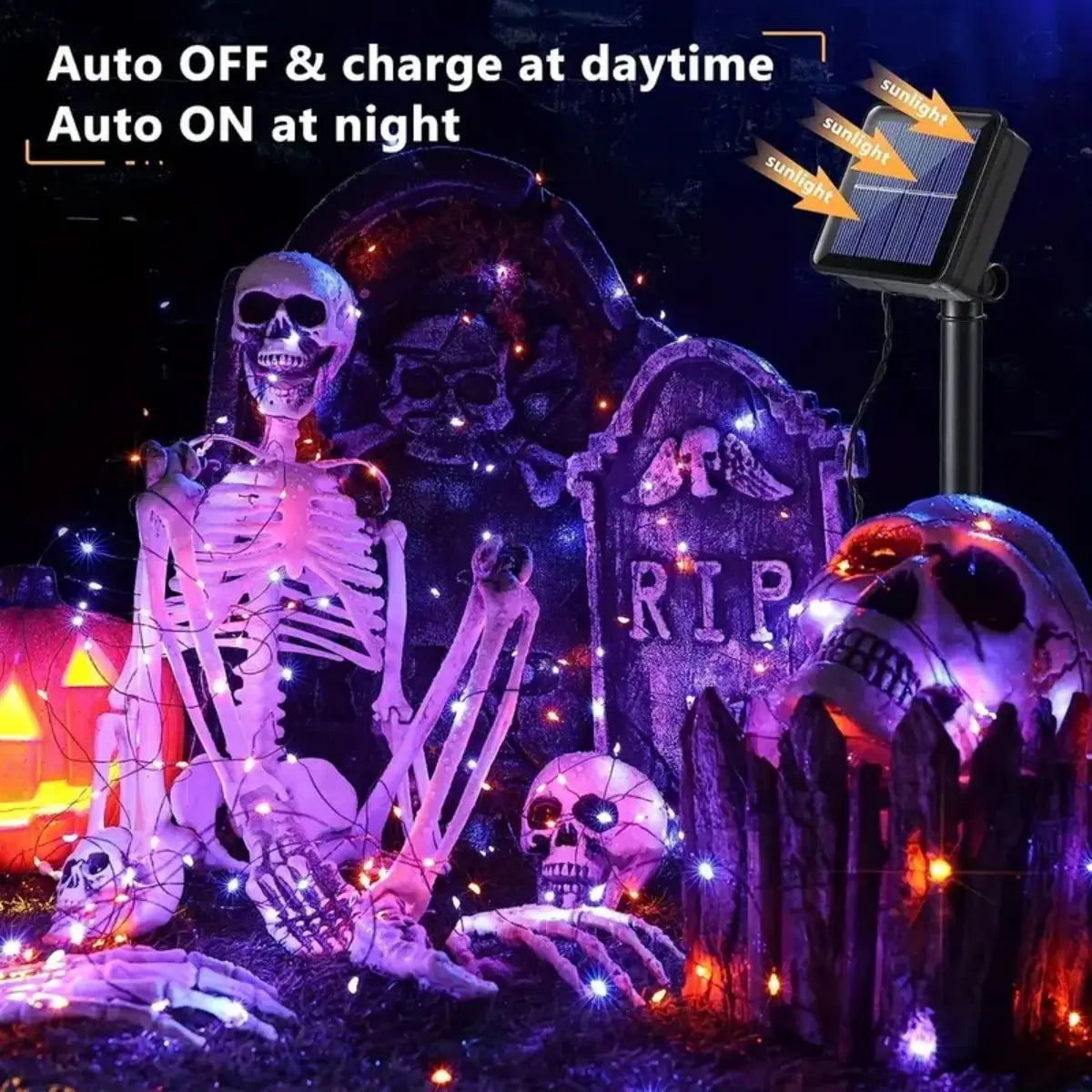 2 Pack 120LED Halloween Solar Powered Black Copper Wire Lamp Lights With 8 Lighting Modes Outdoor Waterproof Horror Atmosphere exovai.com